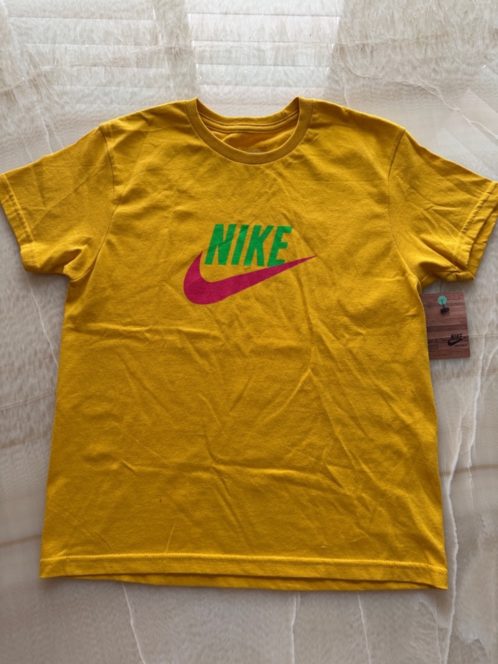 Nike Vintage Yellow Tee with Green NIKE and Pink Swoosh